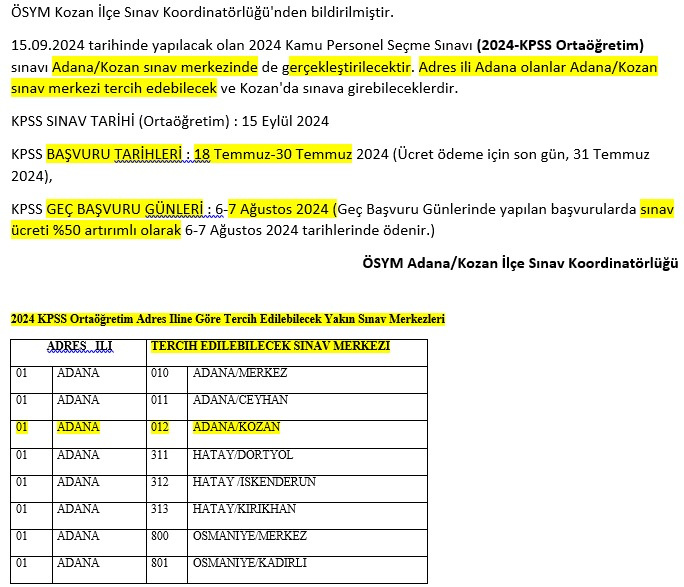 2024 Kamu Personel Seçme Sınavı (2024-KPSS Ortaöğretim)  Kozan Sınav Merkezinde de Gerçekleştirilecektir