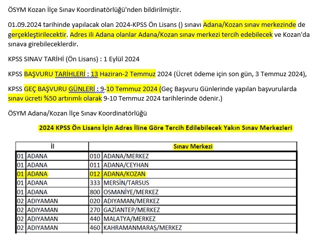 2024 KPSS Ön Lisans Sınavı Kozan Sınav Merkezinde de Yapılacaktır
