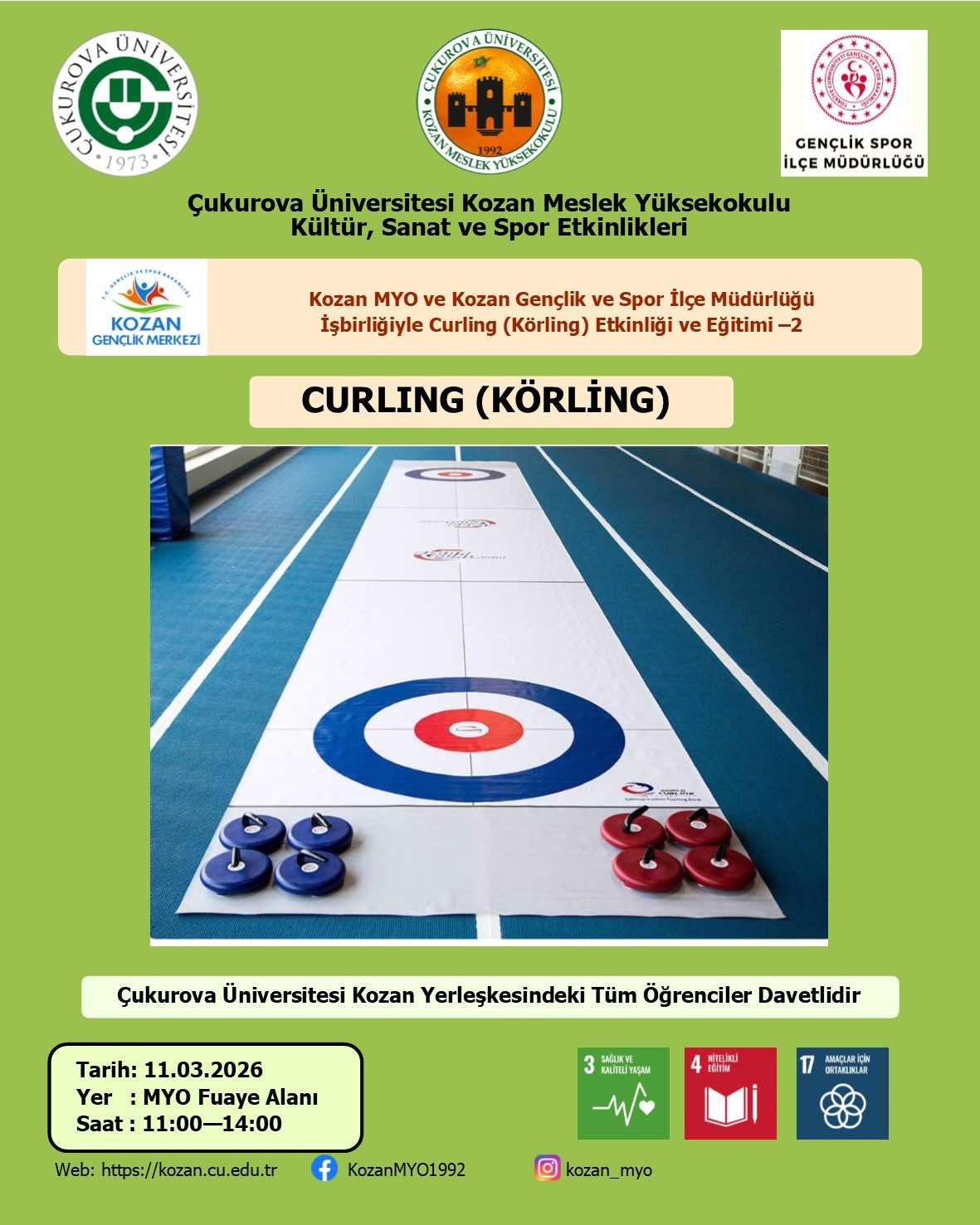 Kozan MYO ile Kozan Gençlik Spor İlçe Müdürlüğü İşbirliğiyle Curling-2 (Körling) Eğitimi ve Etkinliği Yapılacaktır