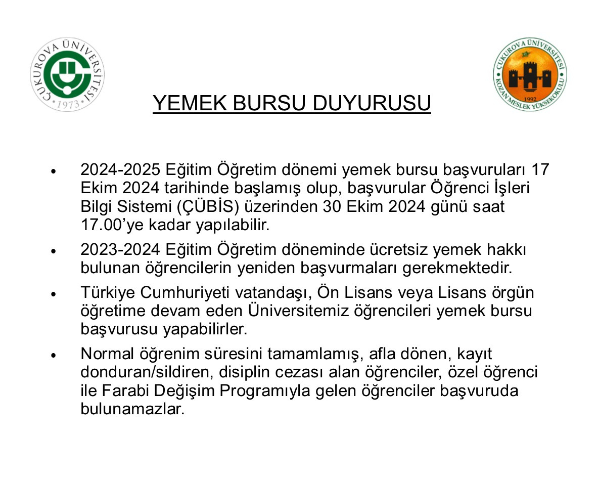 YEMEK BURSU DUYURUSU