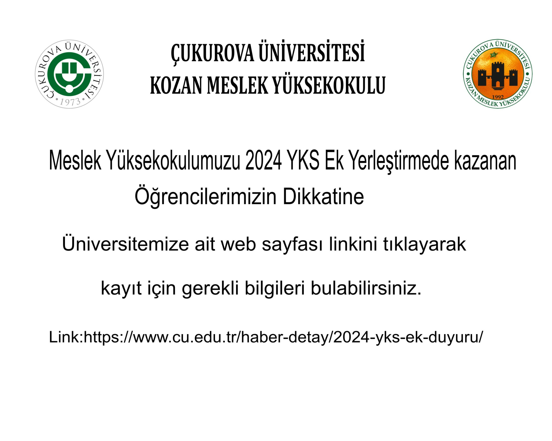 2024 YKS Ek Yerleştirme Sonuçlarına Göre Meslek Yüksekokulumuza Kesin Kayıt Hakkı Kazanan Adayların Dikkatine