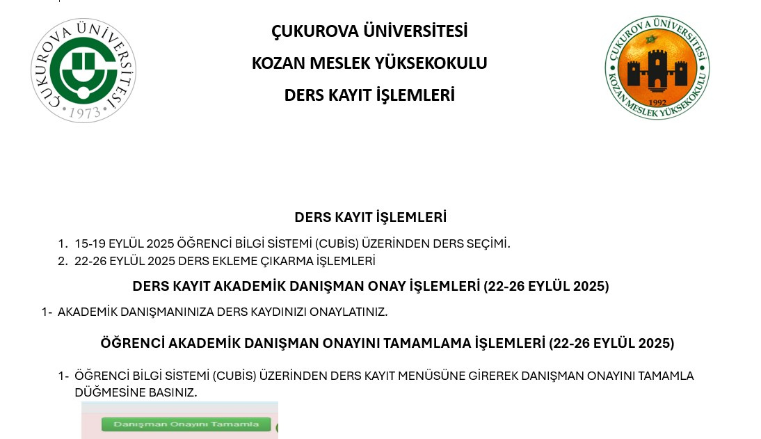 DERS KAYITLARI 15-19 EYLÜL 2025 TARİHLERİ ARASINDA YAPILACAKTIR.