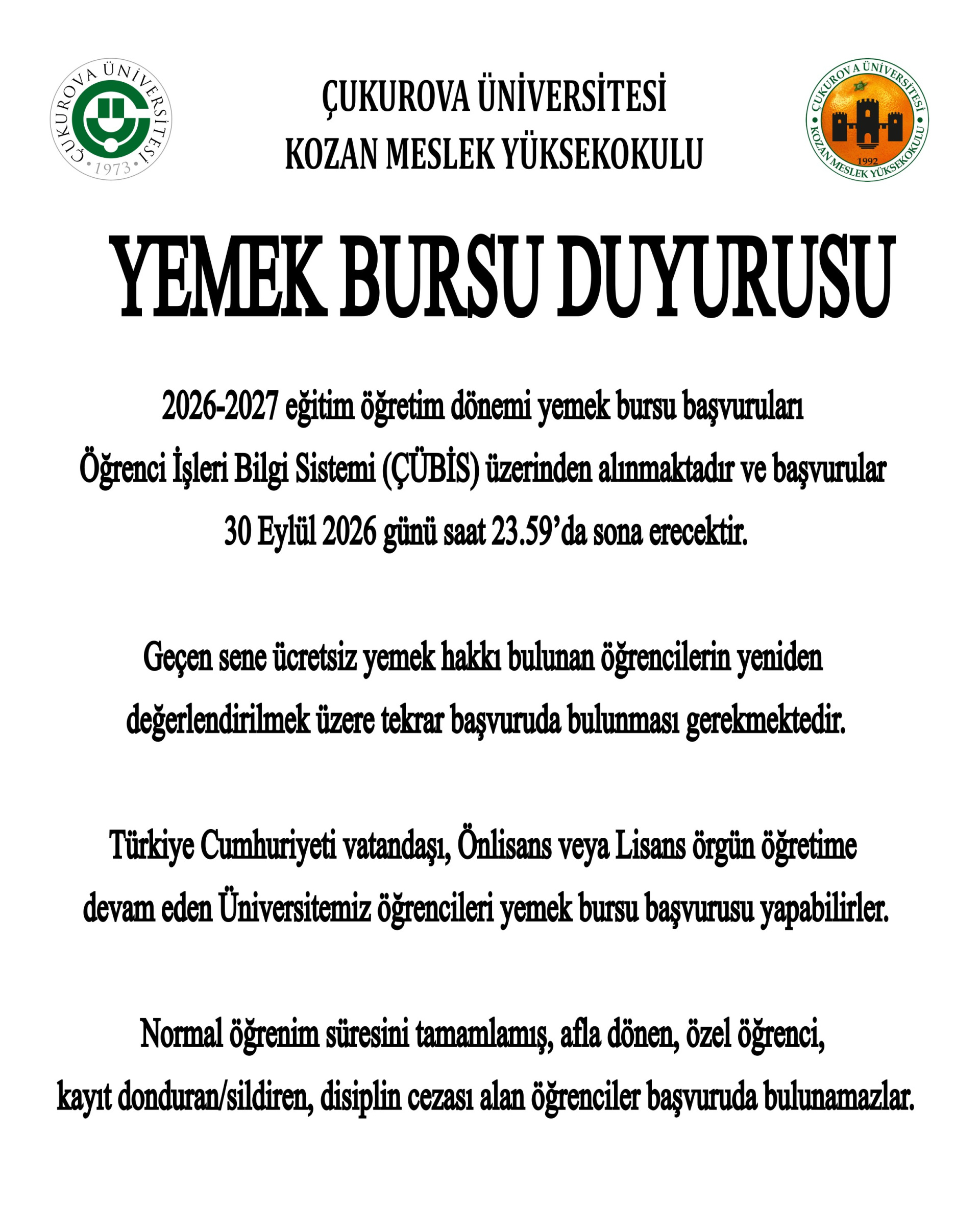 Yemek Bursu Duyurusu